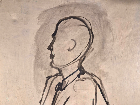 Curated Vintage Design stretched canvas featuring a minimalist black ink profile portrait on a textured beige surface.