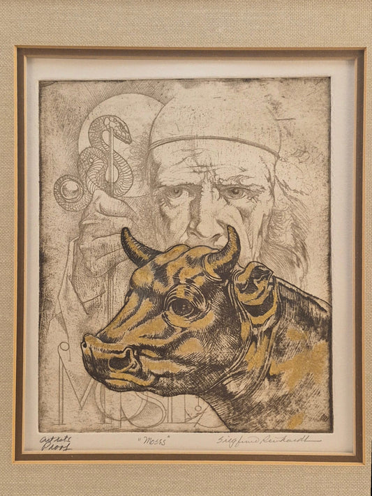 Curated Vintage Design Siegfried Reinhardt Moses artist proof print in a dark wood frame with gold accents and linen mat.