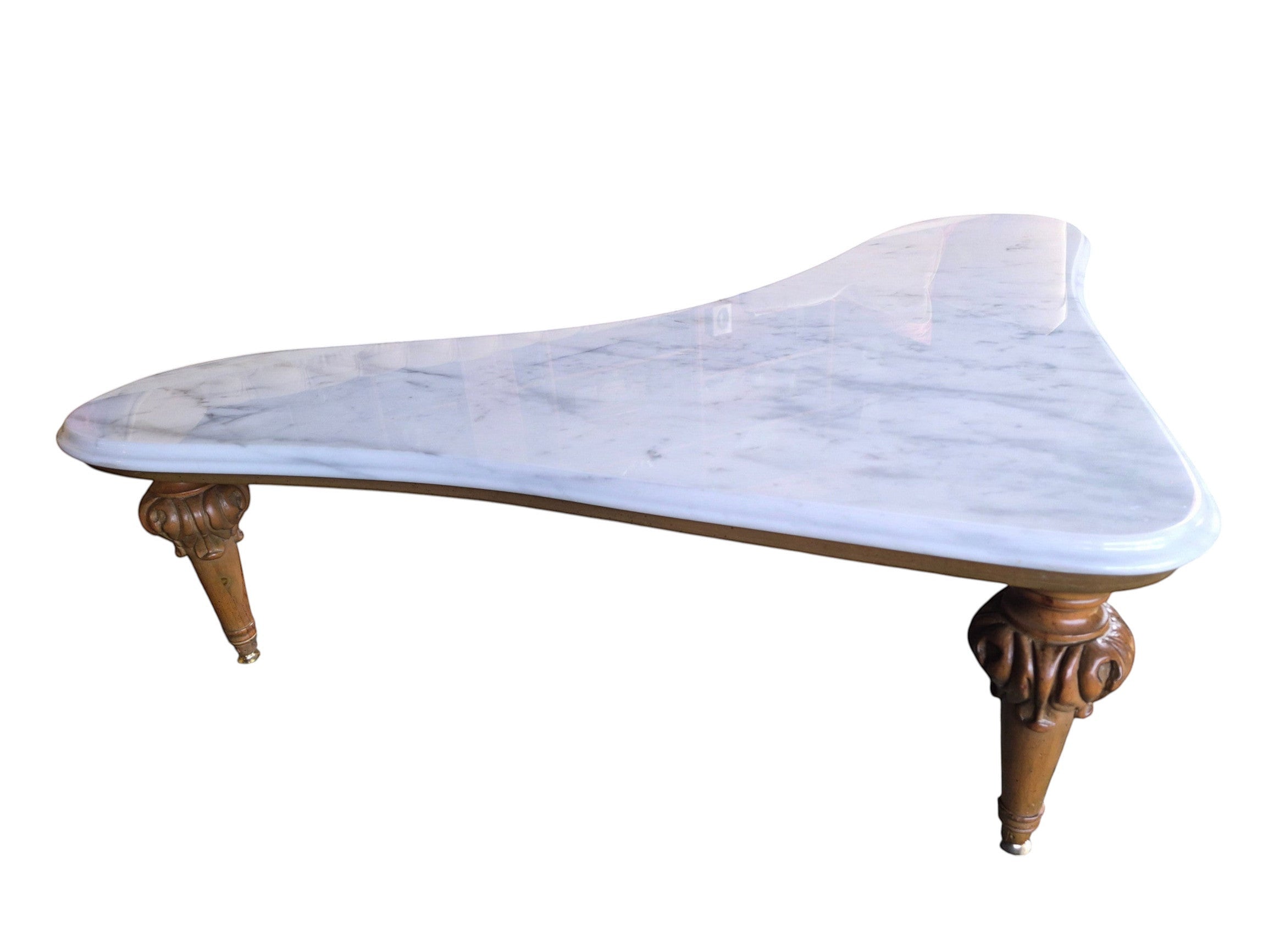 Vintage biomorphic white marble coffee table with carved walnut-toned wood legs and brass foot caps.