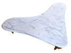 Vintage biomorphic white marble coffee table with carved walnut-toned wood legs and brass foot caps.