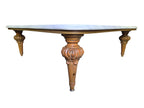 Vintage biomorphic white marble coffee table with carved walnut-toned wood legs and brass foot caps.