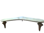 Vintage biomorphic white marble coffee table with carved walnut-toned wood legs and brass foot caps.