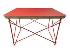 Red Eames LTR wire base table with plywood top. Vintage mid-century modern accent furniture. Vintage as-is in very good condition