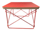 Red Eames LTR wire base table with plywood top. Vintage mid-century modern accent furniture. Vintage as-is in very good condition