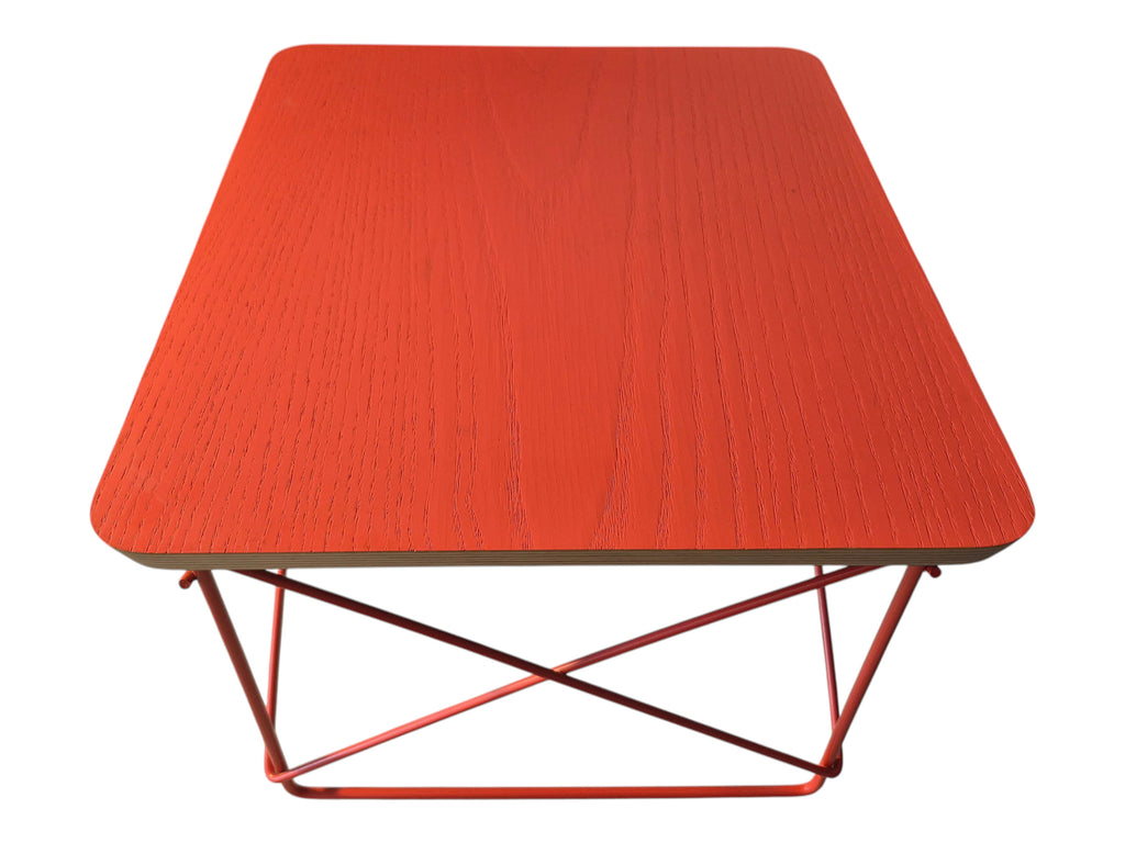Red Eames LTR wire base table with plywood top. Vintage mid-century modern accent furniture. Vintage as-is in very good condition