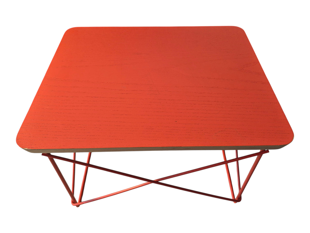 Red Eames LTR wire base table with plywood top. Vintage mid-century modern accent furniture. Vintage as-is in very good condition