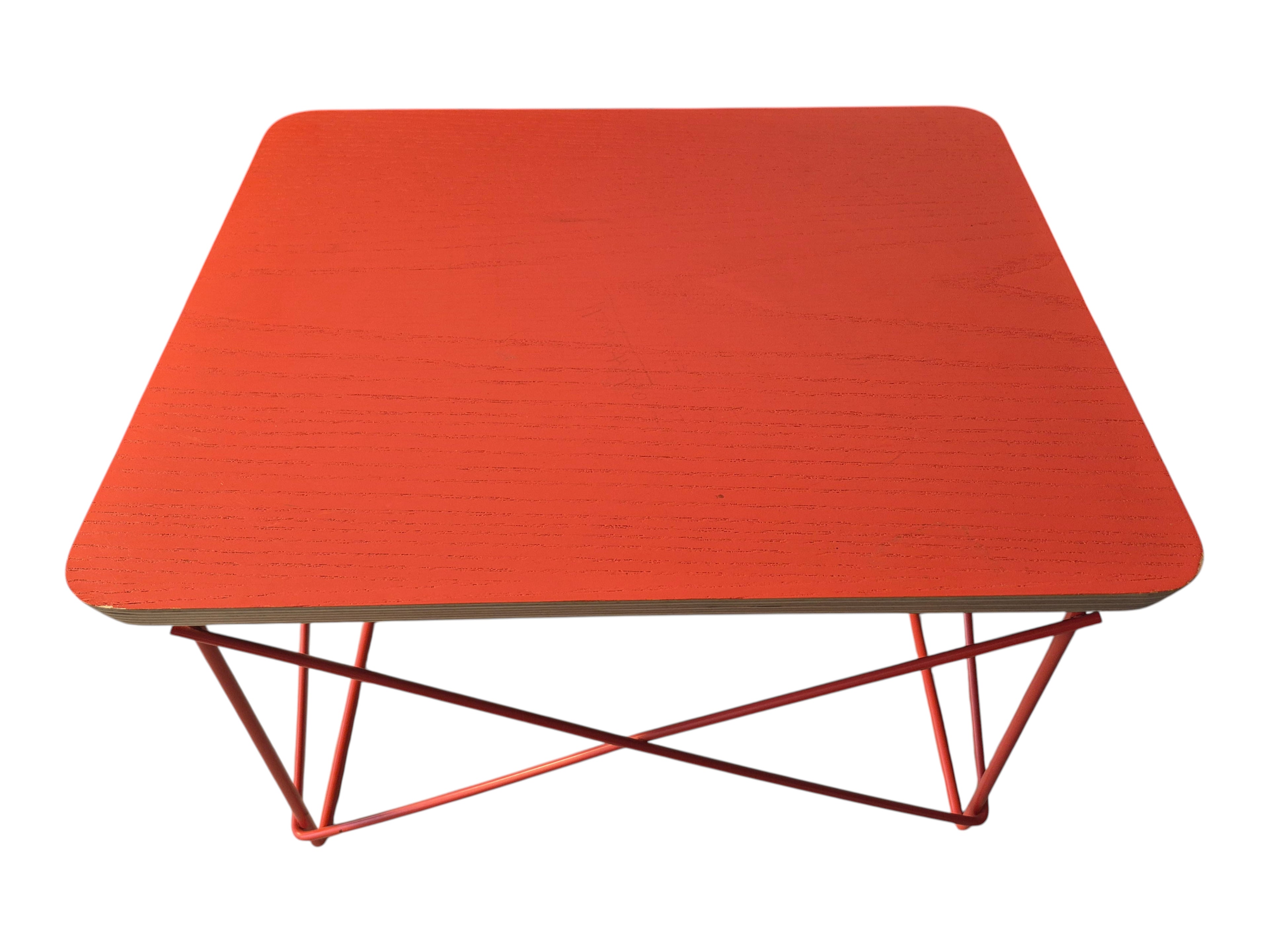 Red Eames LTR wire base table with plywood top. Vintage mid-century modern accent furniture. Vintage as-is in very good condition