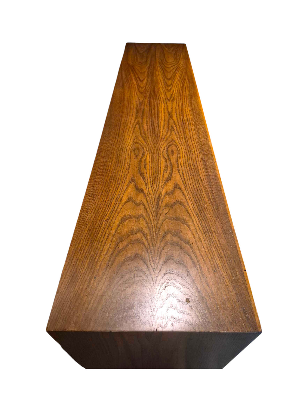 A vintage mid-century modern Lane Pueblo oak credenza featuring Brutalist geometric carved wood drawer fronts.