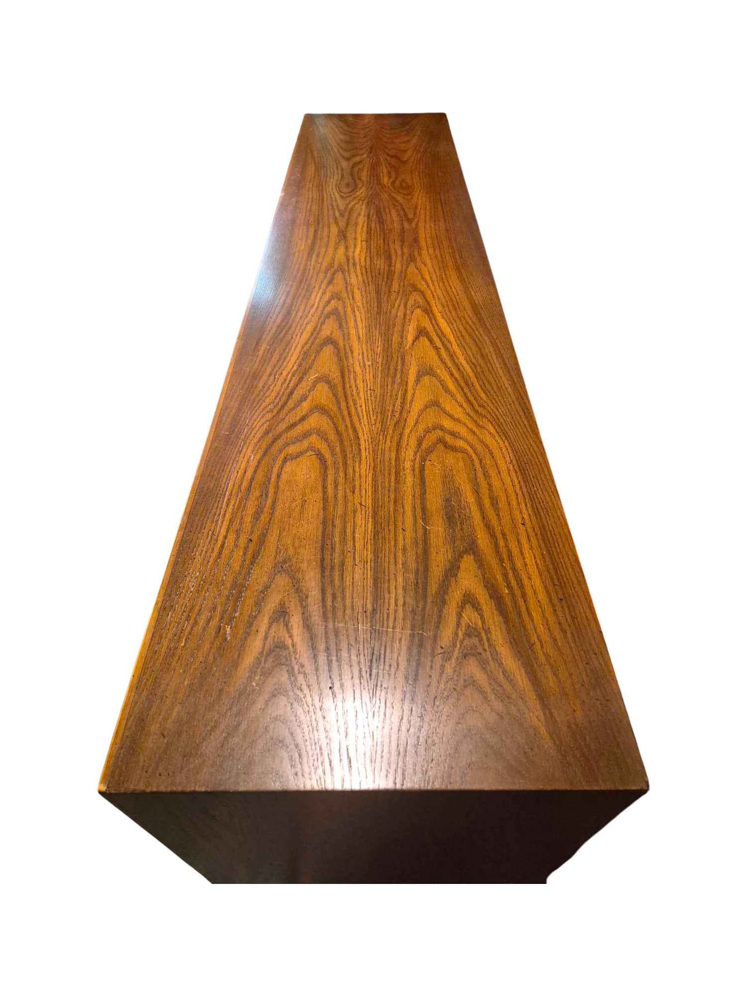 A vintage mid-century modern Lane Pueblo oak credenza featuring Brutalist geometric carved wood drawer fronts.
