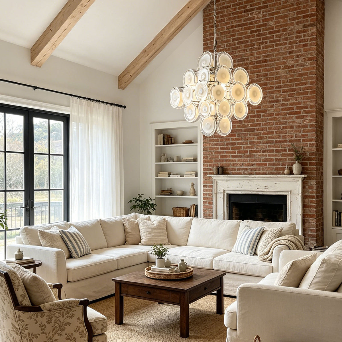 Murano White Glass Disc Chandelier