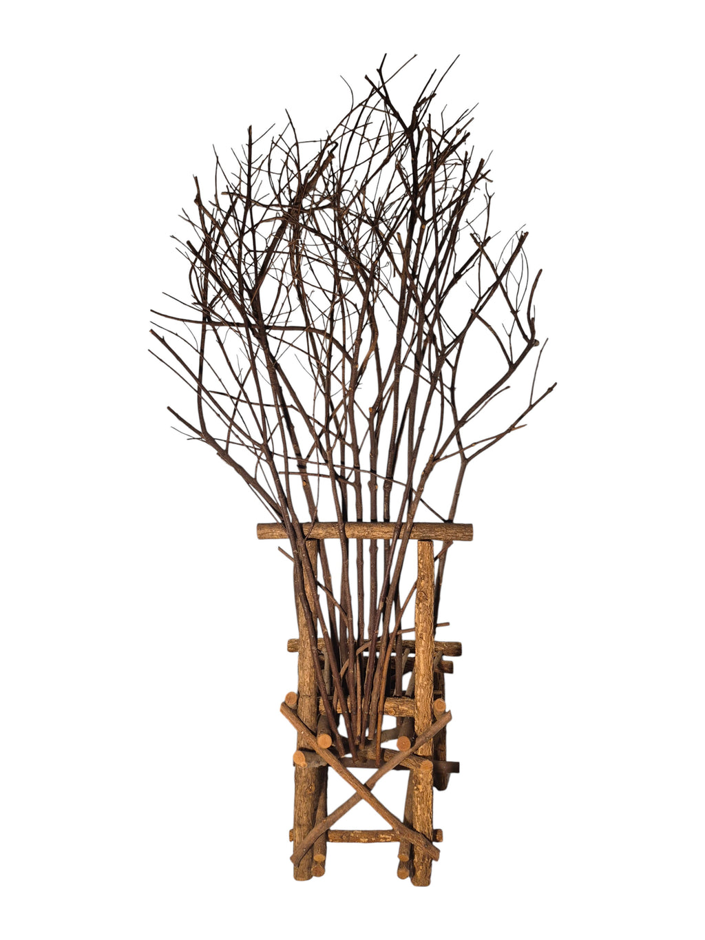 Vintage, handmade rustic twig chair in a full back view featuring tall, branching backrest, slatted branch seat, and cross-braced legs. Made from raw branches with unpeeled bark. Sold vintage as-is in very good condition.