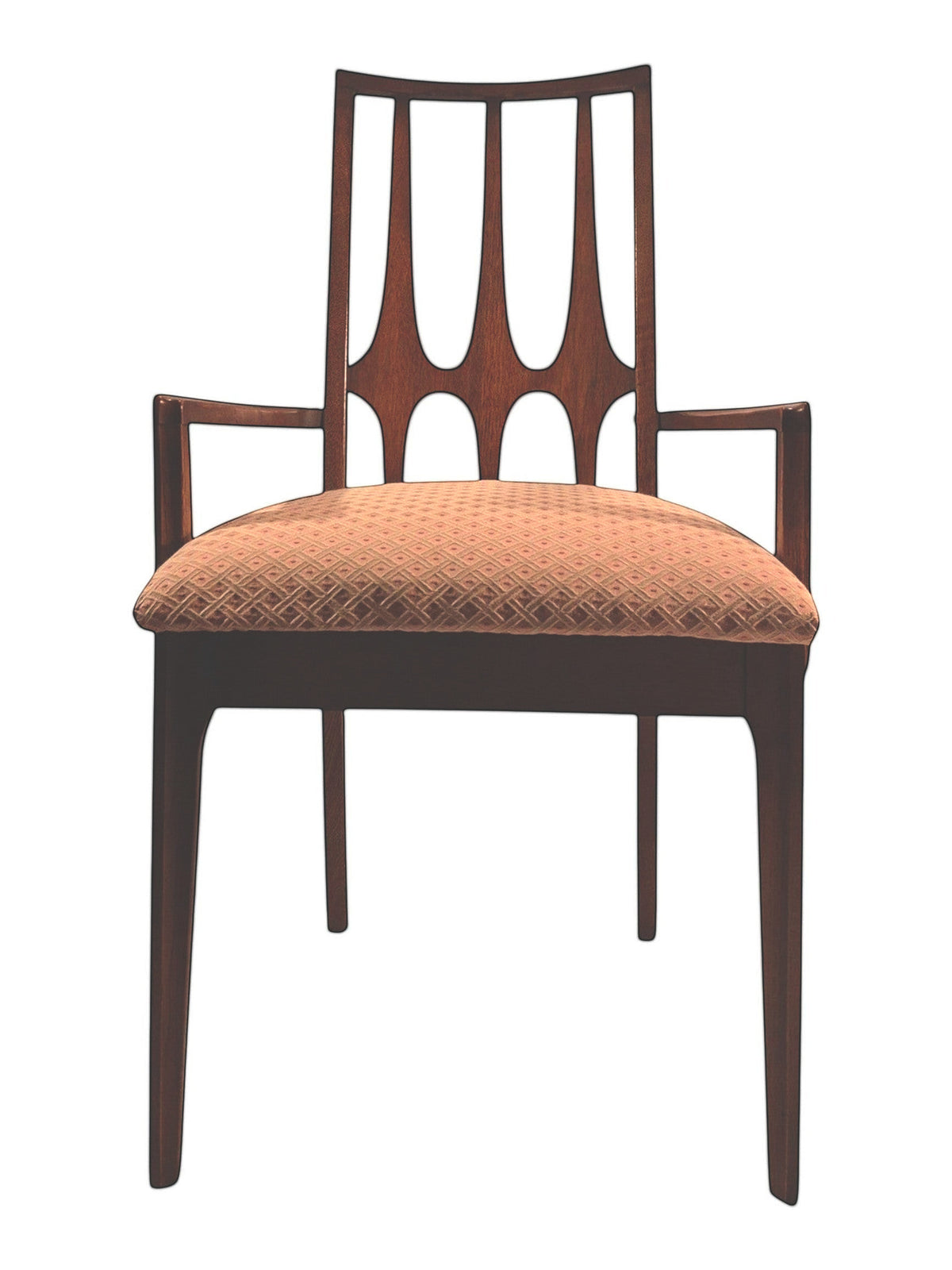 Mid Century Modern Broyhill Brasilia walnut arm dining chair in a front view. Features a signature cathedral slatted back and original beige geometric upholstered seat. Vintage as-is, gently refreshed, as part of a set of six.