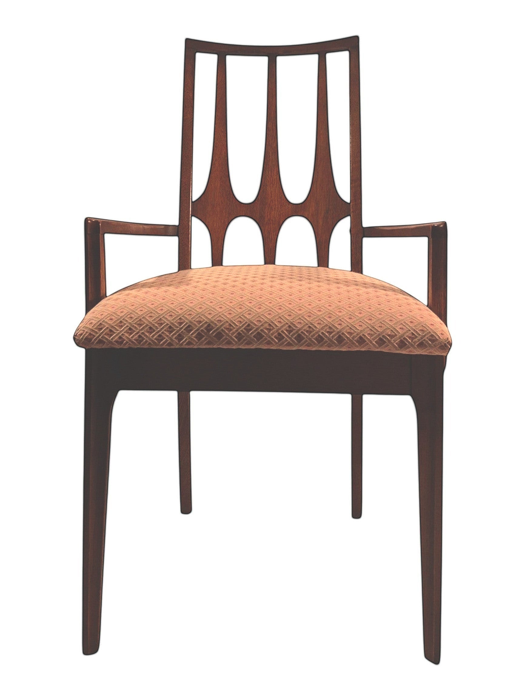 Mid Century Modern Broyhill Brasilia walnut arm dining chair in a front view. Features a signature cathedral slatted back and original beige geometric upholstered seat. Vintage as-is, gently refreshed, as part of a set of six.
