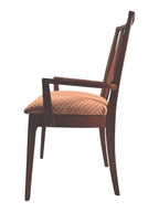 Mid Century Modern Broyhill Brasilia walnut arm dining chair in a left profile view. Features a signature cathedral slatted back and original beige geometric upholstered seat. Vintage as-is, gently refreshed, as part of a set of six.