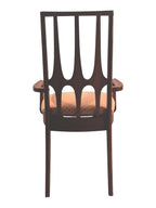 Mid Century Modern Broyhill Brasilia walnut arm dining chair in a back-facing view. Features a signature cathedral slatted back and original beige geometric upholstered seat. Vintage as-is, gently refreshed, as part of a set of six.
