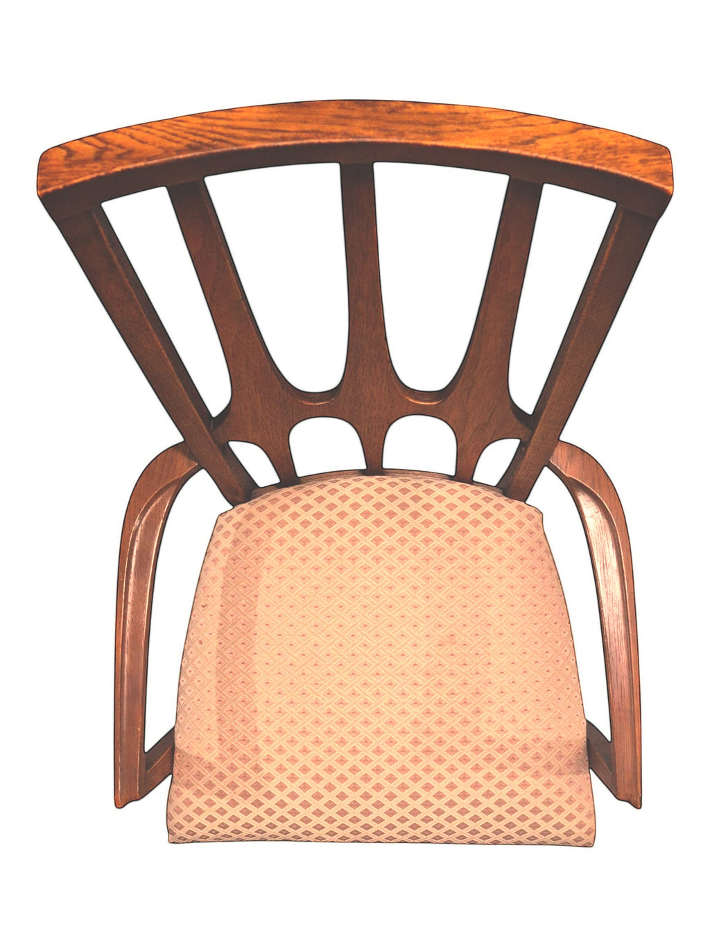 Mid Century Modern Broyhill Brasilia walnut arm dining chair in a top-down view. Features a signature cathedral slatted back and original beige geometric upholstered seat. Vintage as-is, gently refreshed, as part of a set of six.