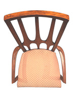 Mid Century Modern Broyhill Brasilia walnut arm dining chair in a top-down view. Features a signature cathedral slatted back and original beige geometric upholstered seat. Vintage as-is, gently refreshed, as part of a set of six.
