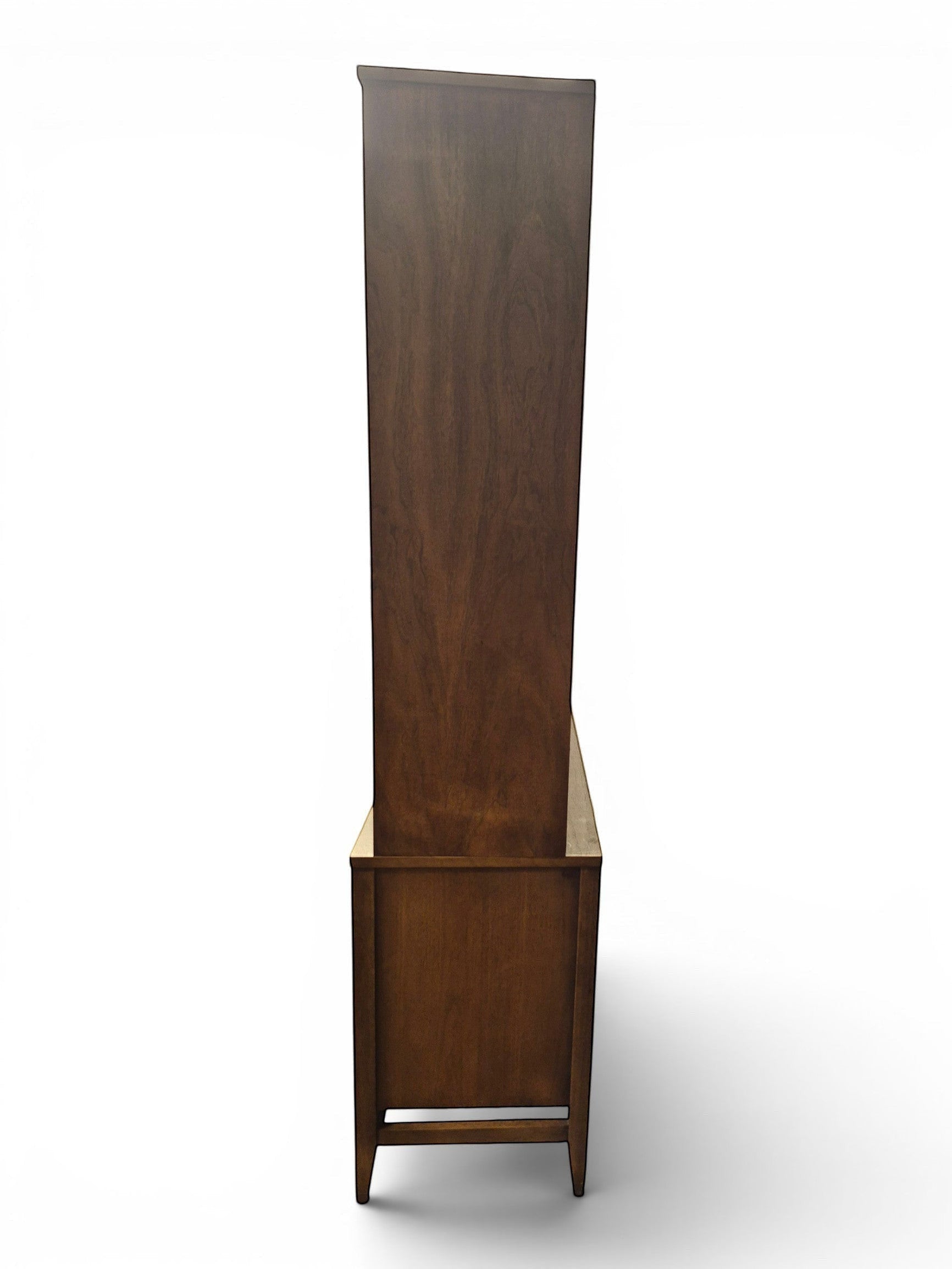 Mid Century Modern Broyhill Brasilia walnut breakfront China cabinet in a left profile view. Features the Brasilia collection's catseye sweeping arches and tapered legs, with brass hardware and glass display doors. Vintage as-is, gently refreshed, including credenza base with three drawers and two doors and top display deck with two doors.