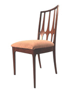 Mid Century Modern Broyhill Brasilia walnut side dining chair in a front-left view. Features a signature cathedral slatted back and original beige geometric upholstered seat. Vintage as-is, gently refreshed, as part of a set of six.