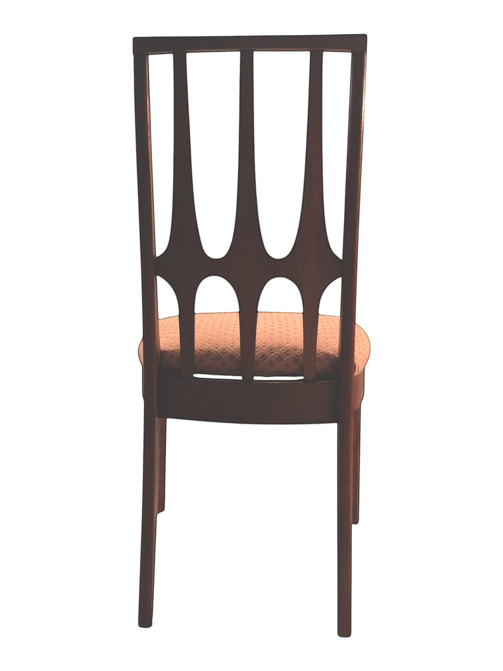 Mid Century Modern Broyhill Brasilia walnut side dining chair in a back view. Features a signature cathedral slatted back and original beige geometric upholstered seat. Vintage as-is, gently refreshed, as part of a set of six.