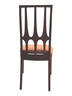 Mid Century Modern Broyhill Brasilia walnut side dining chair in a back view. Features a signature cathedral slatted back and original beige geometric upholstered seat. Vintage as-is, gently refreshed, as part of a set of six.