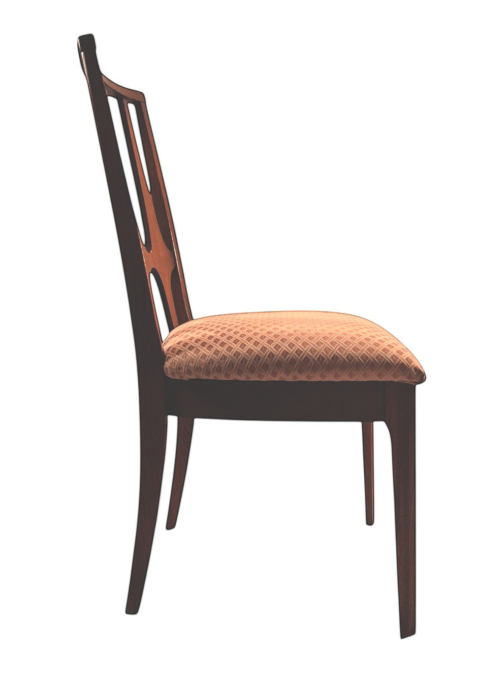 Mid Century Modern Broyhill Brasilia walnut side dining chair in a right profile view. Features a signature cathedral slatted back and original beige geometric upholstered seat. Vintage as-is, gently refreshed, as part of a set of six.