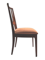 Mid Century Modern Broyhill Brasilia walnut side dining chair in a right profile view. Features a signature cathedral slatted back and original beige geometric upholstered seat. Vintage as-is, gently refreshed, as part of a set of six.