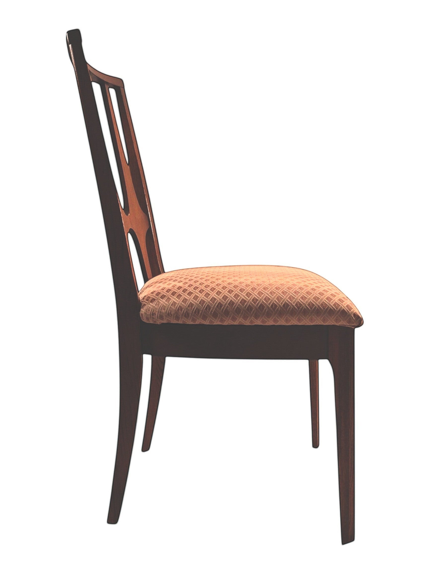 Mid Century Modern Broyhill Brasilia walnut side dining chair in a right profile view. Features a signature cathedral slatted back and original beige geometric upholstered seat. Vintage as-is, gently refreshed, as part of a set of six.