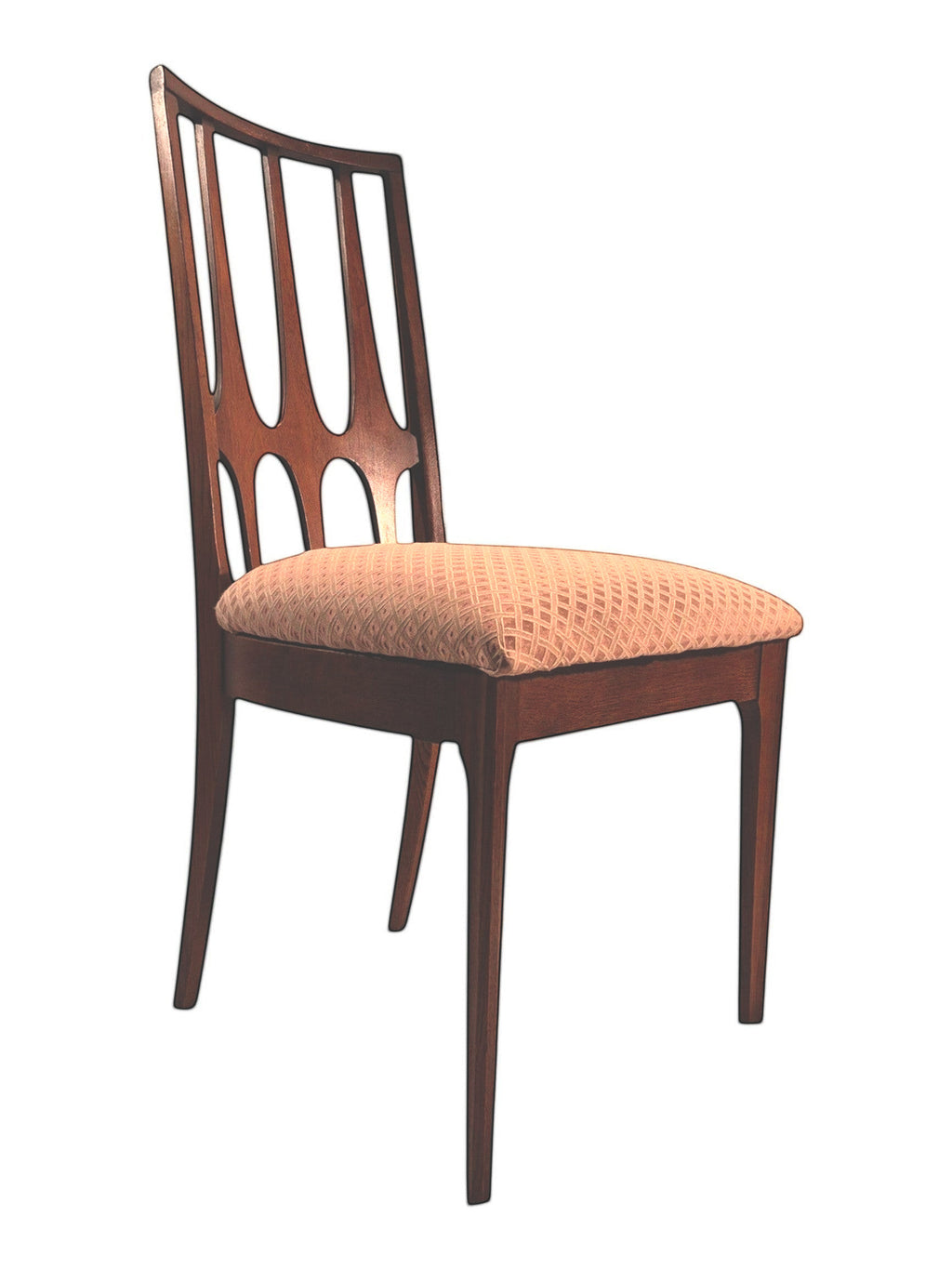 Mid Century Modern Broyhill Brasilia walnut side dining chair in a right-front view. Features a signature cathedral slatted back and original beige geometric upholstered seat. Vintage as-is, gently refreshed, as part of a set of six.