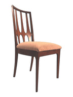 Mid Century Modern Broyhill Brasilia walnut side dining chair in a right-front view. Features a signature cathedral slatted back and original beige geometric upholstered seat. Vintage as-is, gently refreshed, as part of a set of six.