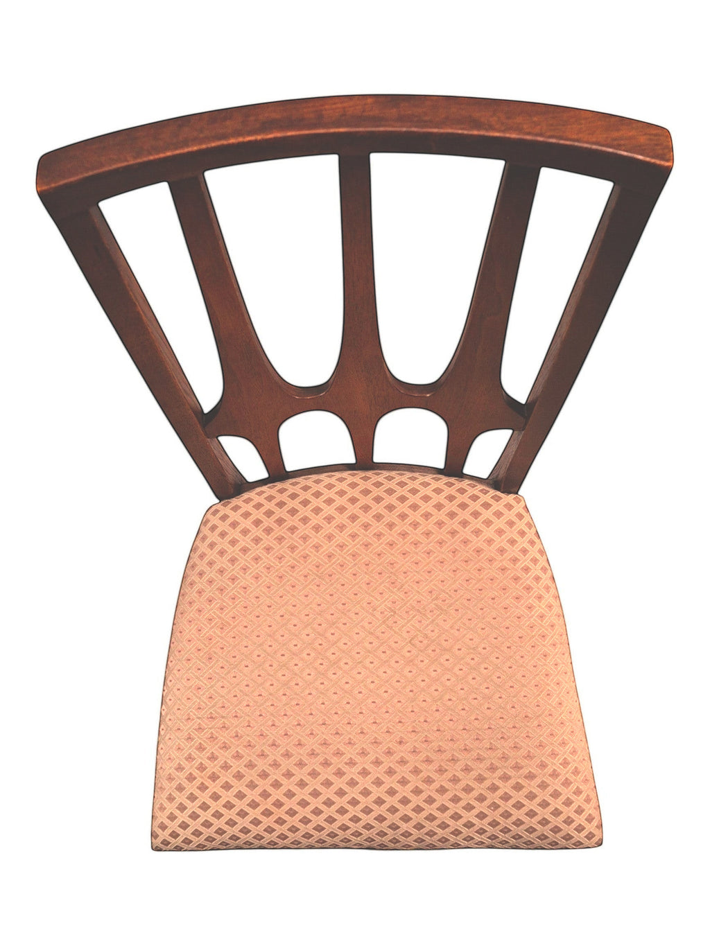 Mid Century Modern Broyhill Brasilia walnut side dining chair in a top view. Features a signature cathedral slatted back and original beige geometric upholstered seat. Vintage as-is, gently refreshed, as part of a set of six.
