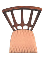 Mid Century Modern Broyhill Brasilia walnut side dining chair in a top view. Features a signature cathedral slatted back and original beige geometric upholstered seat. Vintage as-is, gently refreshed, as part of a set of six.