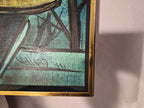 Curated Vintage Design framed 1961 Villard wall art with teal and black abstract painting in a gold metal frame