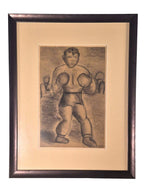 Curated Vintage Design framed charcoal drawing of a boxer in a classic stance with bold lines and deep shading.