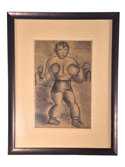 Curated Vintage Design framed charcoal drawing of a boxer in a classic stance with bold lines and deep shading.