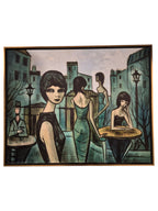 Curated Vintage Design large framed mid-century modern style wall art featuring stylized figures in a blue city street