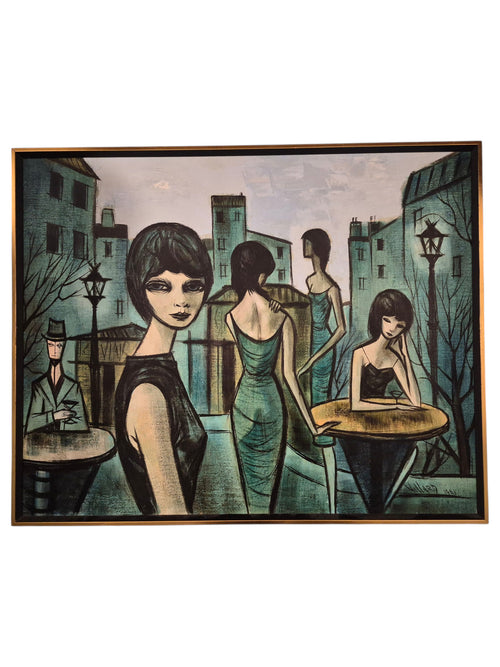 Curated Vintage Design large framed mid-century modern style wall art featuring stylized figures in a blue city street