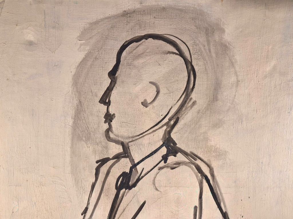 Curated Vintage Design stretched canvas featuring a minimalist black ink profile portrait on a textured beige surface.