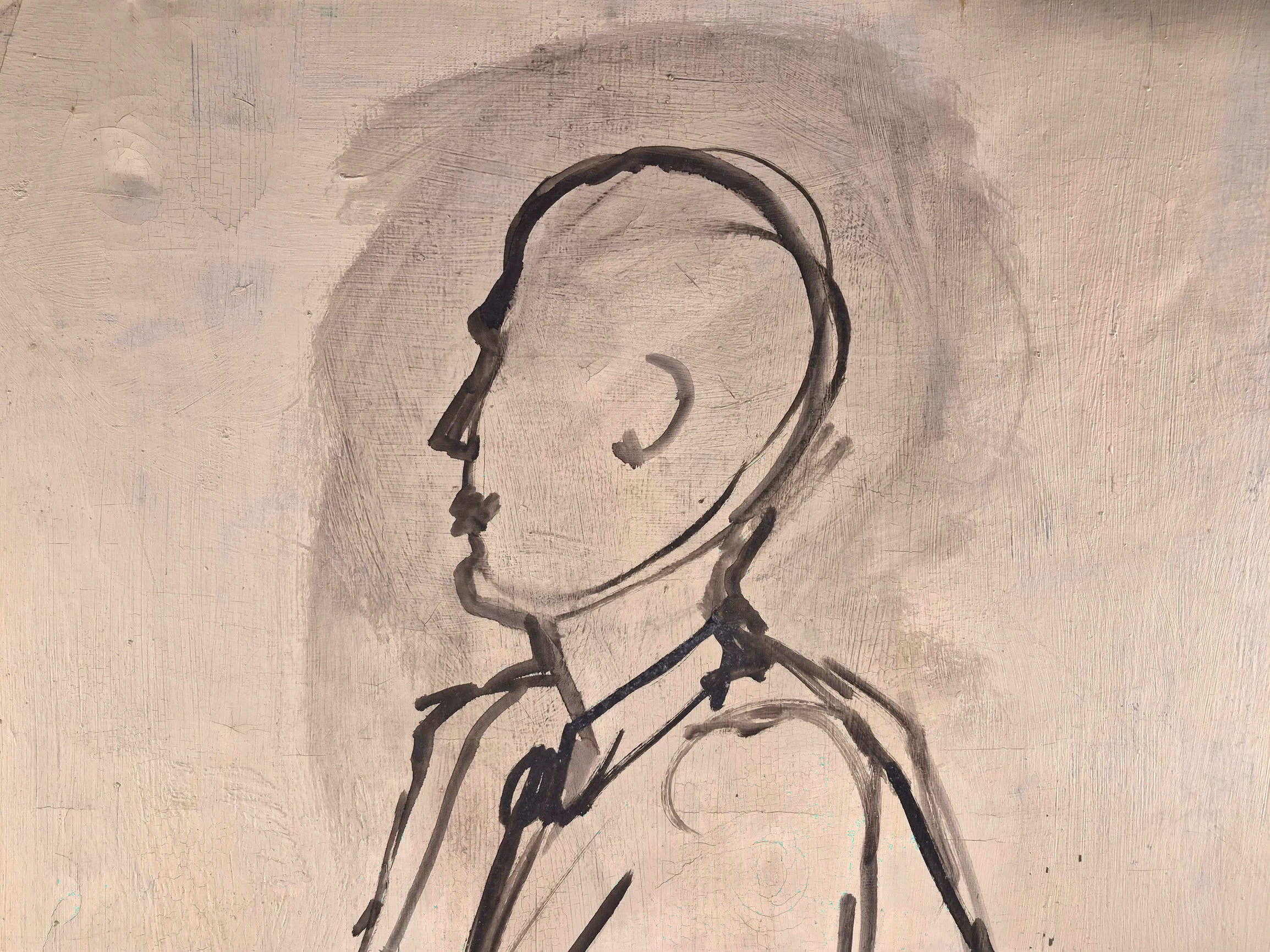 Curated Vintage Design stretched canvas featuring a minimalist black ink profile portrait on a textured beige surface.