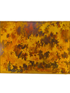 Curated Vintage Design original James Godwin Scott watercolor painting featuring a golden autumnal woodland scene in a gold frame.