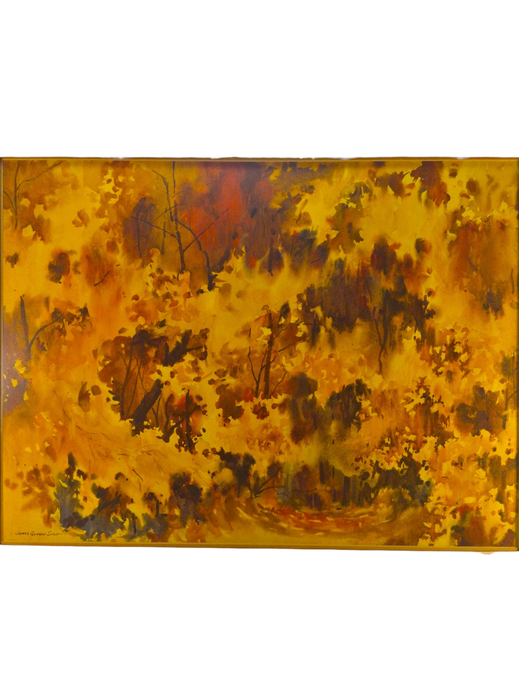 Curated Vintage Design original James Godwin Scott watercolor painting featuring a golden autumnal woodland scene in a gold frame.