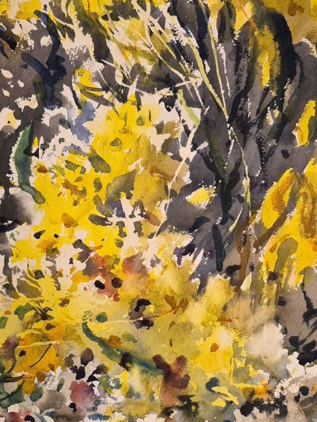 Curated Vintage Design original James Godwin Scott watercolor painting featuring abstract yellow and charcoal florals.