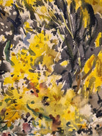 Curated Vintage Design original James Godwin Scott watercolor painting featuring abstract yellow and charcoal florals.