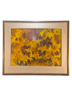 Curated Vintage Design original James Godwin Scott watercolor painting of a golden autumnal woodland in a gold frame.