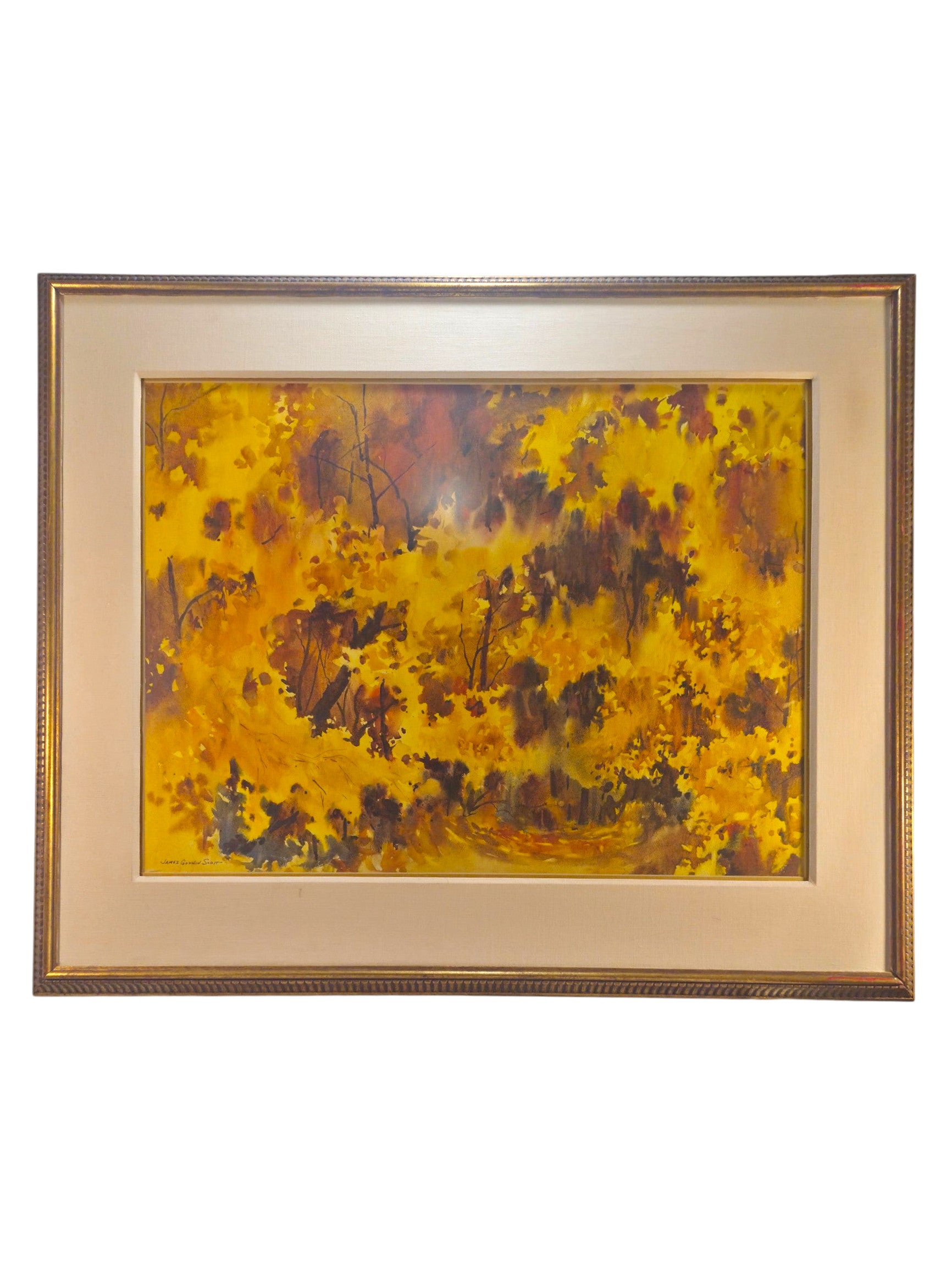 Curated Vintage Design original James Godwin Scott watercolor painting of a golden autumnal woodland in a gold frame.