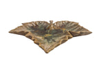 Curated Vintage Design leaf-shaped ceramic dish with multi-tonal green, brown, and yellow glaze. Decorative accent.