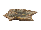 Curated Vintage Design leaf shaped ceramic dish with multi-tonal green, brown, and yellow glaze. Functional decorative accent.