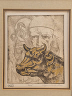 Curated Vintage Design Siegfried Reinhardt Moses artist proof print in a dark wood frame with gold accents and linen mat.