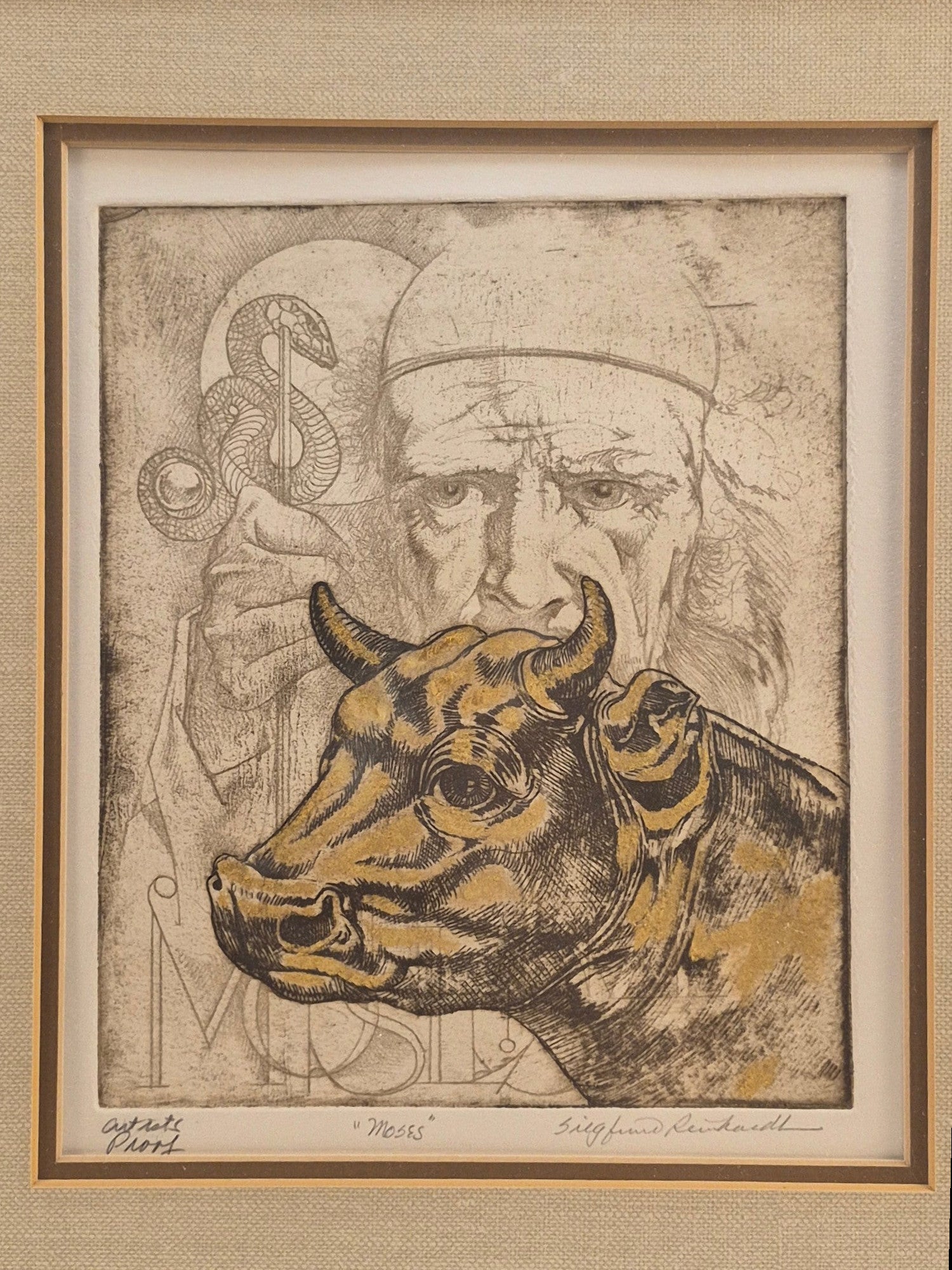 Curated Vintage Design Siegfried Reinhardt Moses artist proof print in a dark wood frame with gold accents and linen mat.