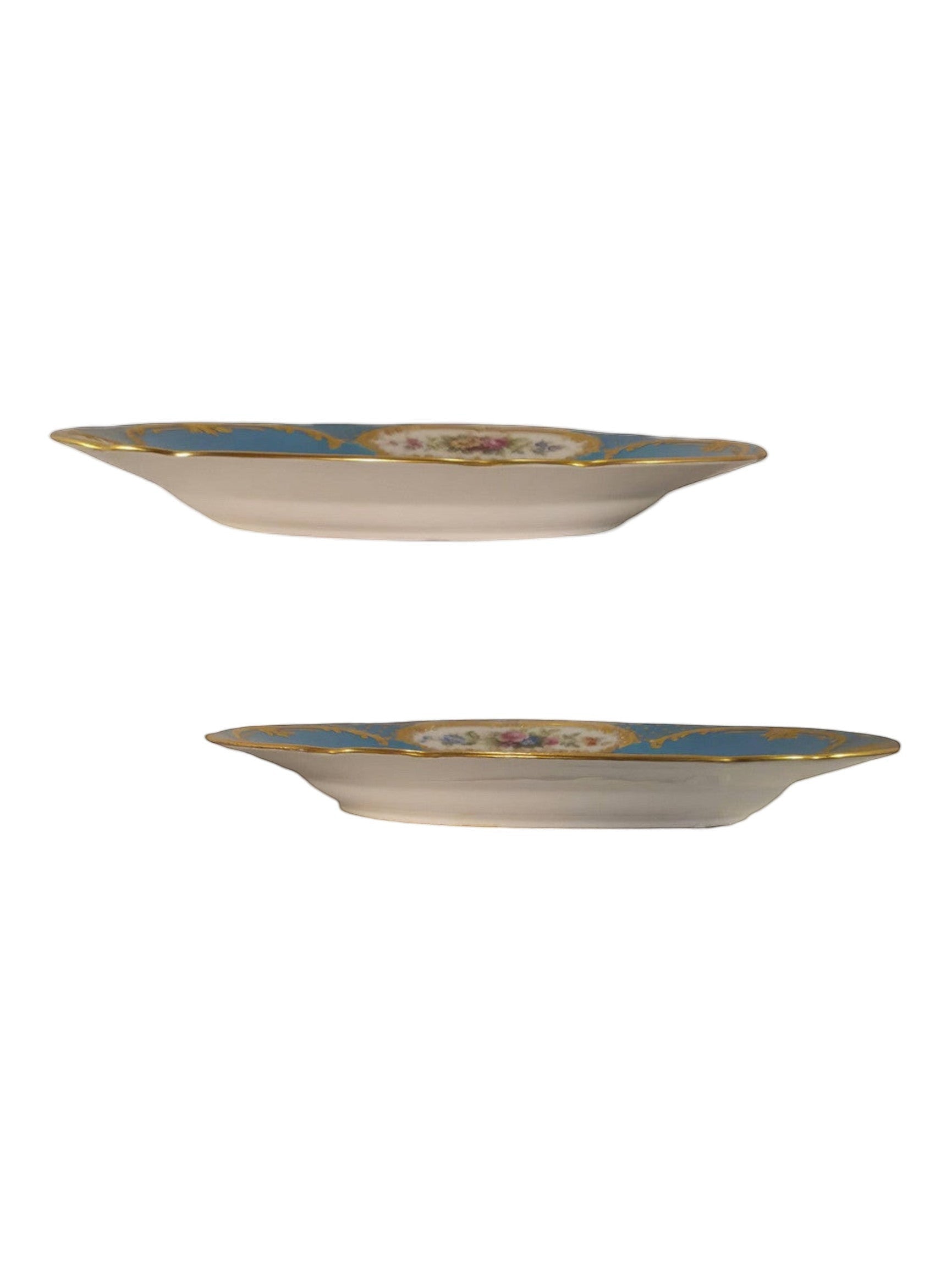 Curated Vintage Design ornate porcelain decorative plate with turquoise blue border, gold filigree, floral accents, and gilded rim.
